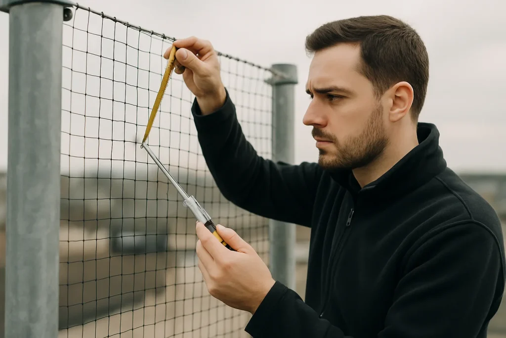 Expert utilisant des outils pour évaluer un filet anti-pigeons tendu entre deux poteaux.