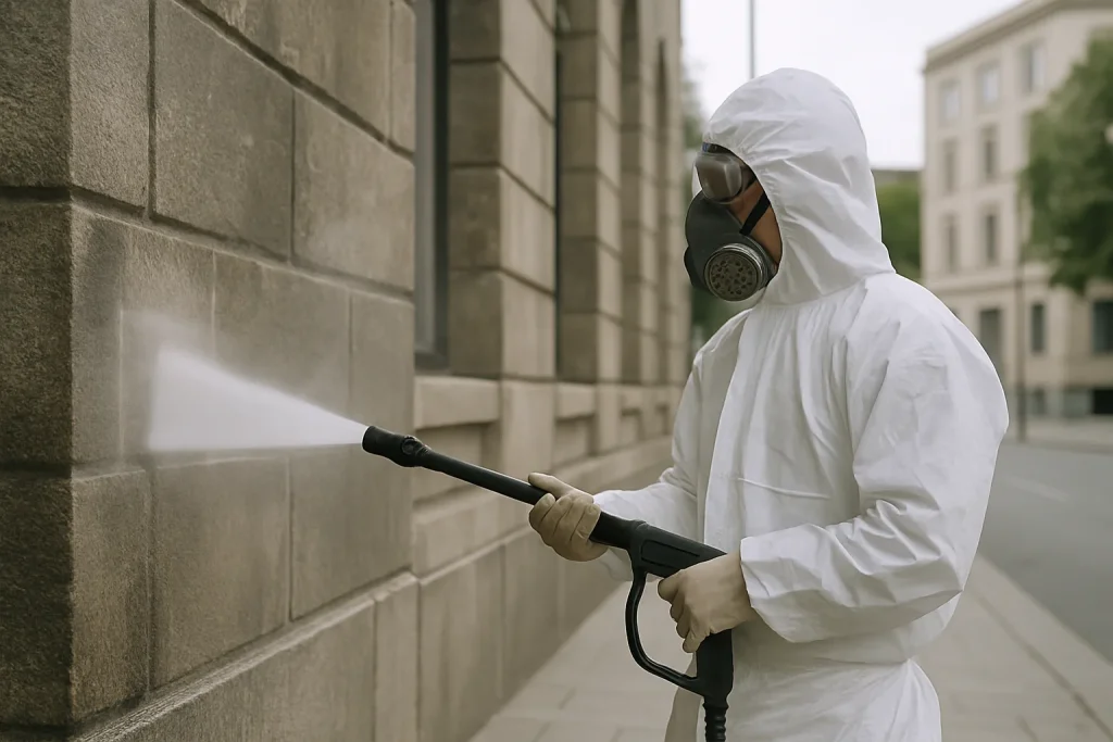 Un technicien nettoyant une façade en pierre avec un jet d'eau pour enlever les fientes de pigeons