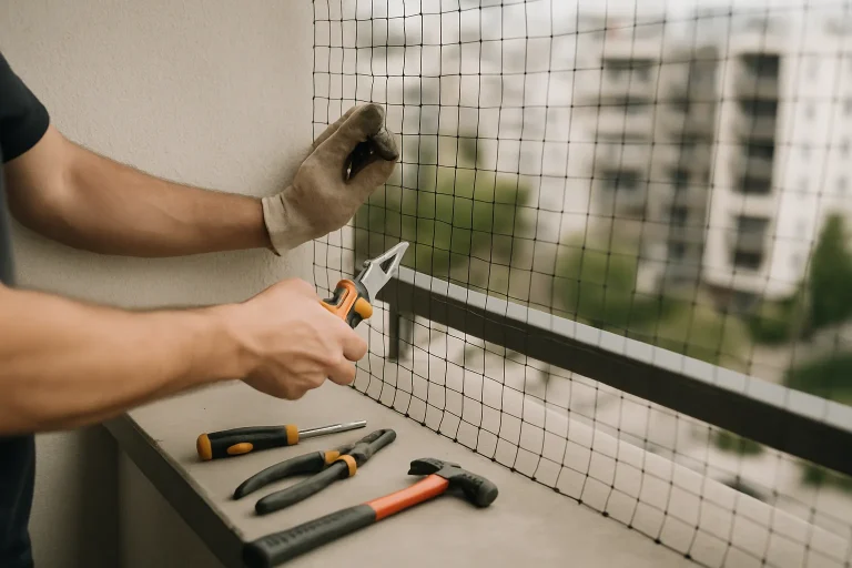 Des mains installant un filet anti-pigeons sur un balcon avec des outils visibles.