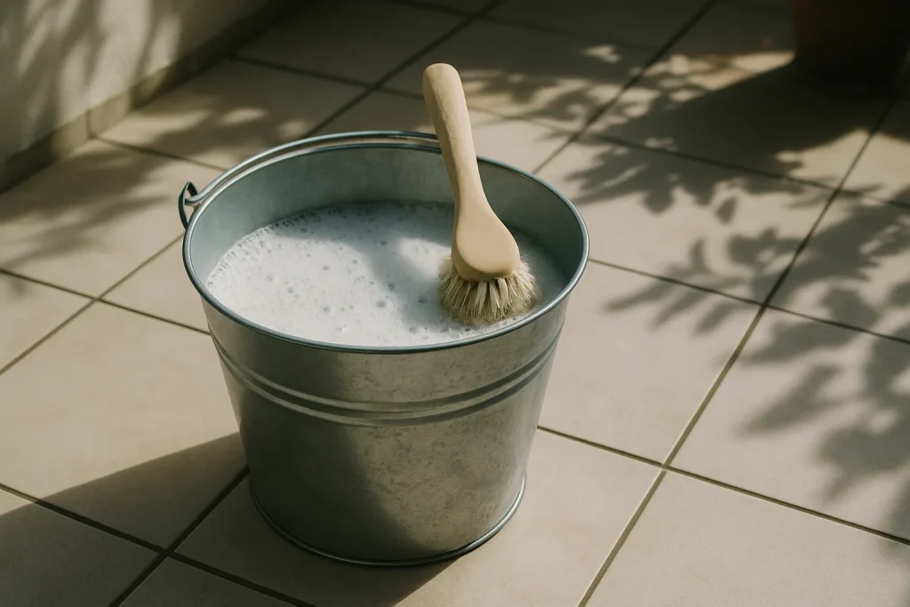 Seau d'eau savonneuse et brosse sur un balcon carrelé, ombres de plantes.
