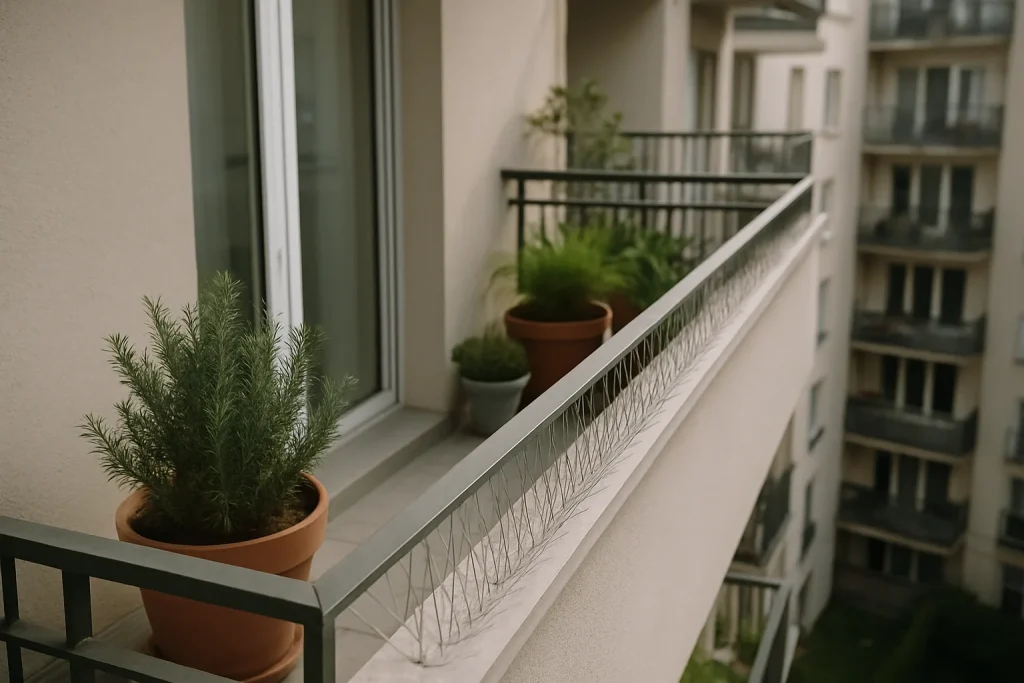 Un balcon avec divers dispositifs anti-pigeons installés, éclairé par une lumière douce.