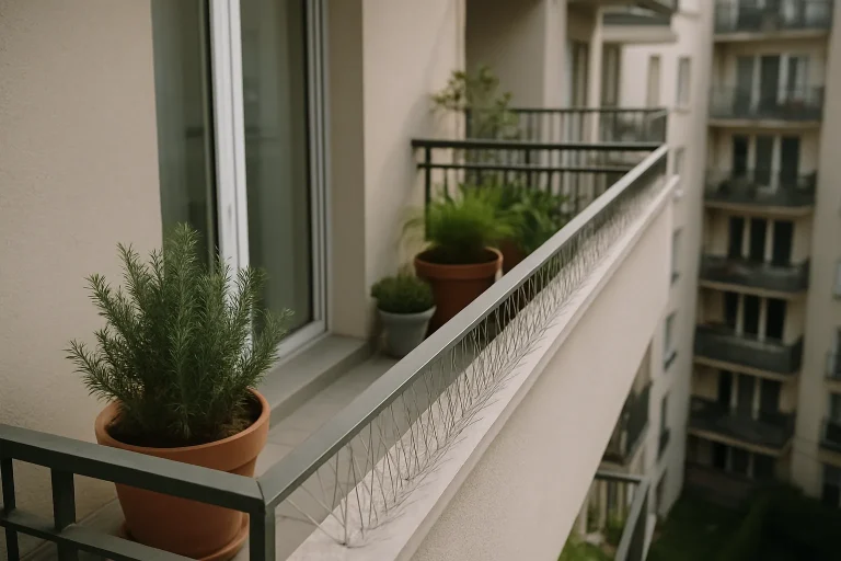 Un balcon avec divers dispositifs anti-pigeons installés, éclairé par une lumière douce.
