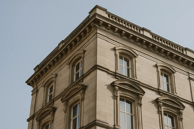 Bâtiment historique avec filets anti-pigeons mal installés, éclairage naturel de jour.