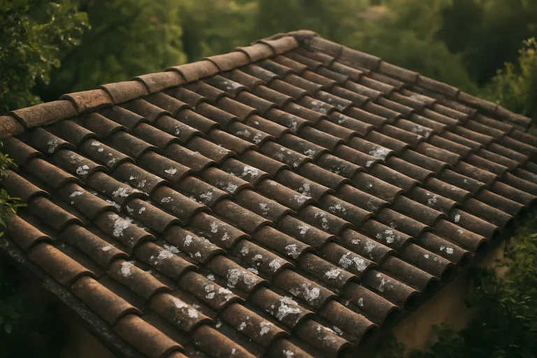 Toiture en tuiles montrant des traces de fientes de pigeons sous une lumière douce.