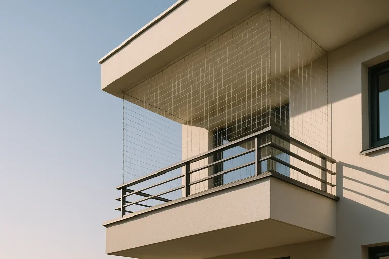 Balcon moderne équipé de filets anti-pigeons en acier inoxydable, ciel dégagé.