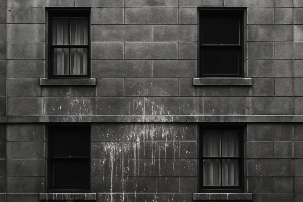 Façade d'immeuble avec des traces visibles de fientes de pigeons en noir et blanc.