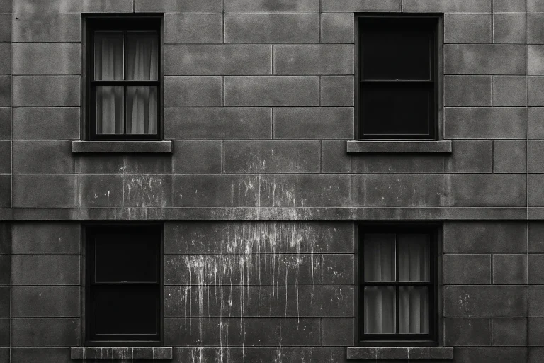 Façade d'immeuble avec des traces visibles de fientes de pigeons en noir et blanc.