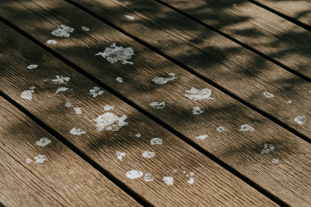 Gros plan d'un sol de terrasse en bois avec des traces de fientes de pigeons sous une lumière naturelle.