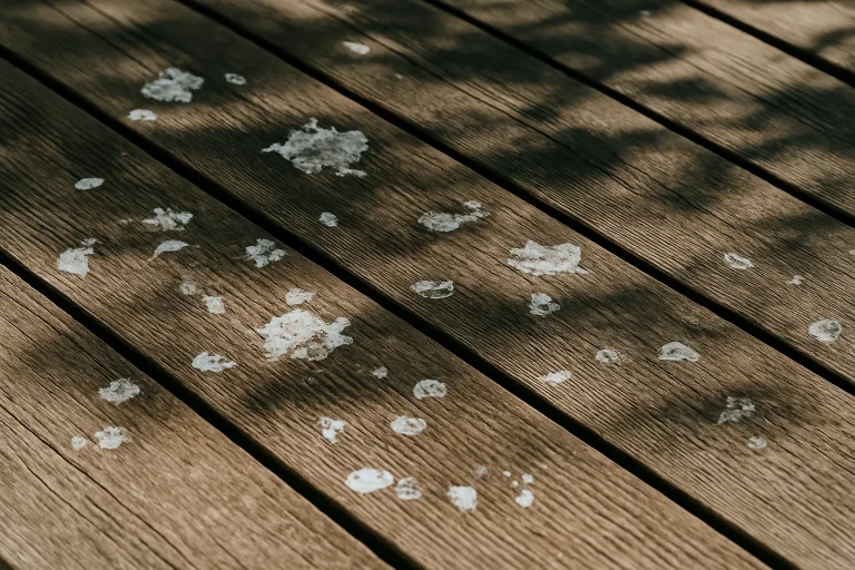 Gros plan d'un sol de terrasse en bois avec des traces de fientes de pigeons sous une lumière naturelle.