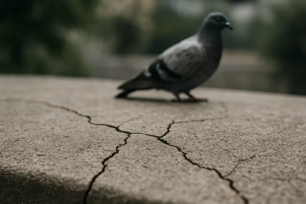 Gros plan de fissures sur une surface en béton causées par les fientes de pigeons.