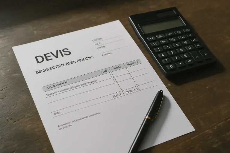 Bureau avec devis pour désinfection, calculatrice et stylo, lumière latérale.