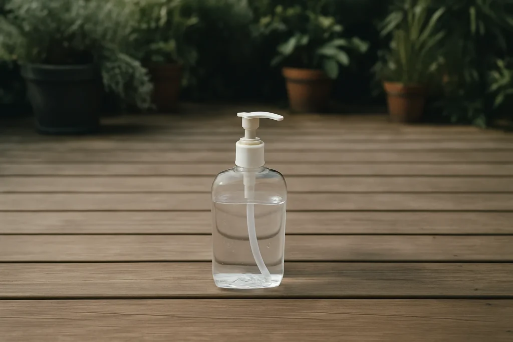 Flacon de désinfectant au centre d'une terrasse en bois avec des plantes en arrière-plan.