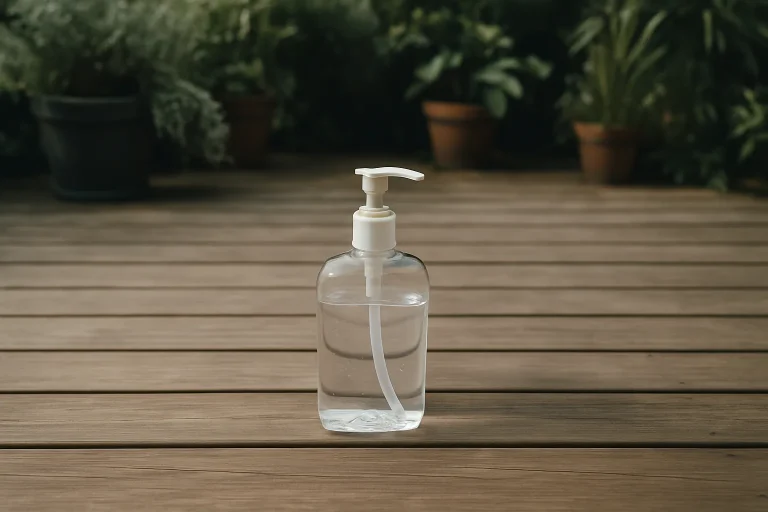 Flacon de désinfectant au centre d'une terrasse en bois avec des plantes en arrière-plan.