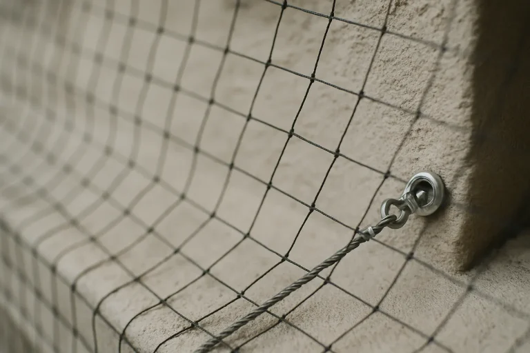 Gros plan sur un filet anti-pigeons avec attaches visibles et texture en lumière naturelle