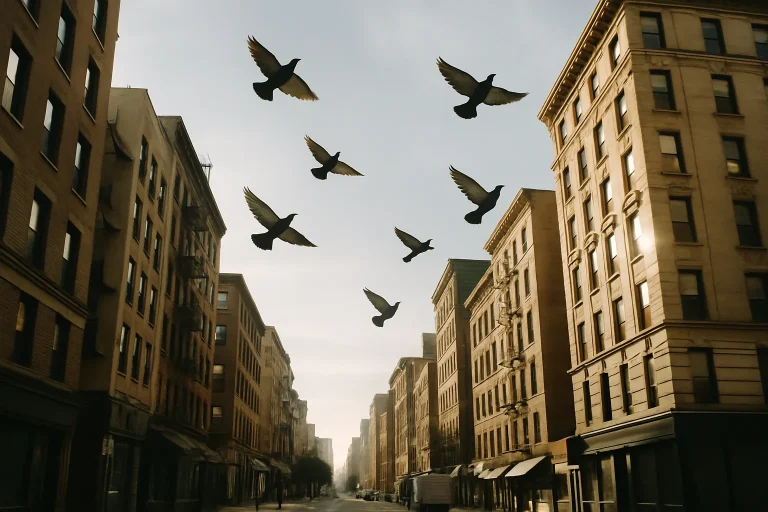 Rue urbaine avec pigeons en vol, bâtiments en arrière-plan sous lumière matinale
