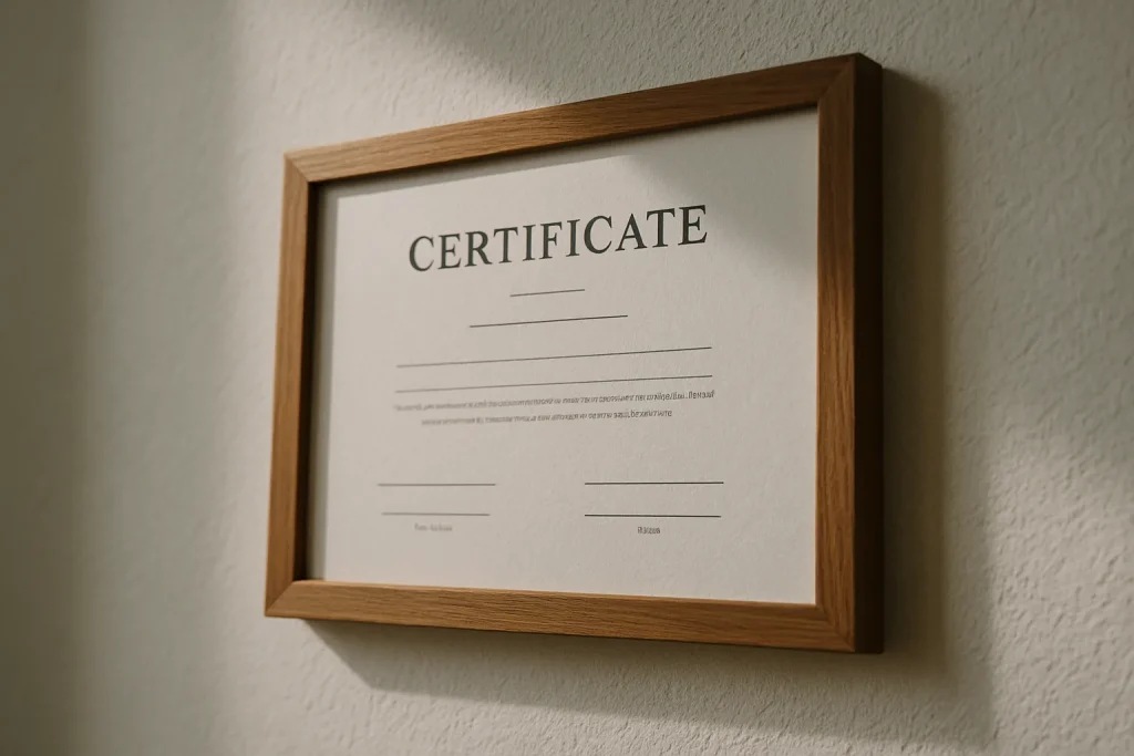 Certificat encadré au mur, montrant les accréditations d'une entreprise de nettoyage