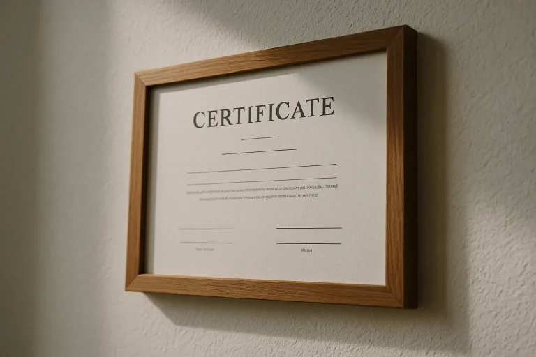 Certificat encadré au mur, montrant les accréditations d'une entreprise de nettoyage