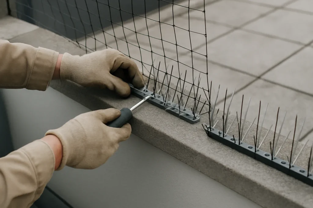 Homme installant filets et pics anti-pigeons sur un toit-terrasse