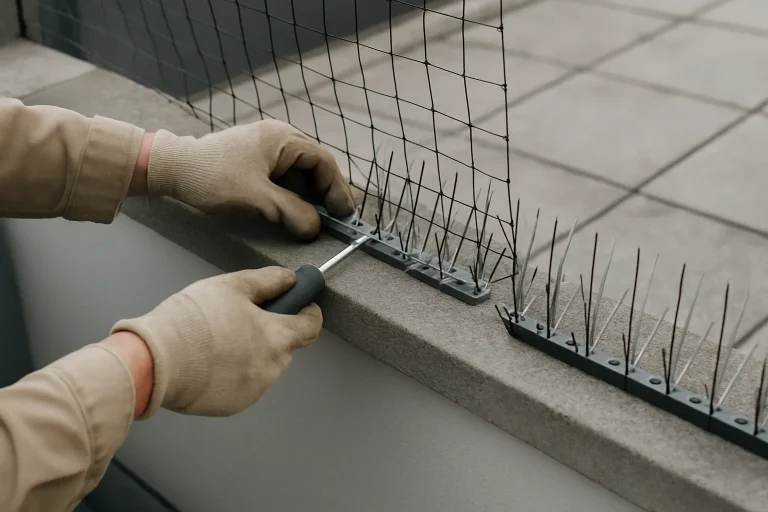 Homme installant filets et pics anti-pigeons sur un toit-terrasse