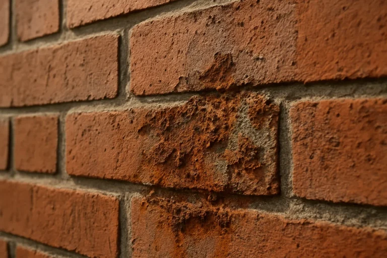 Gros plan d'une façade en brique montrant des signes de corrosion dus aux fientes de pigeons