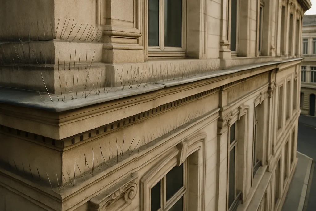 Dispositifs anti-pigeons installés sur un bâtiment historique, vue en plongée
