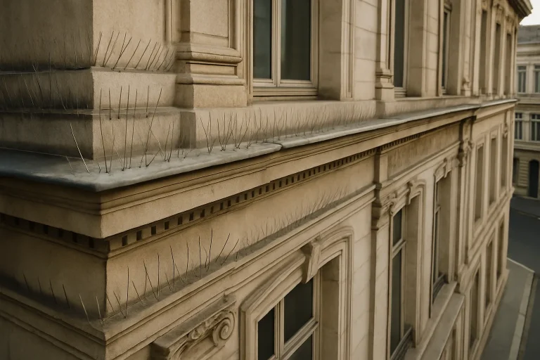 Dispositifs anti-pigeons installés sur un bâtiment historique, vue en plongée