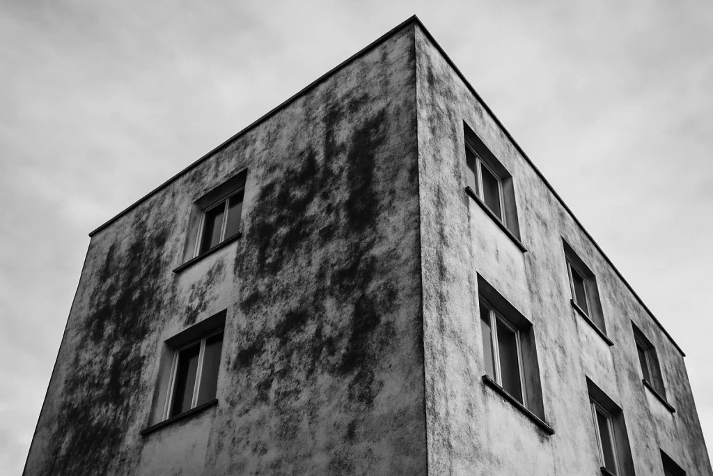 Façade de bâtiment exposée nord montrant des moisissures dues aux fientes de pigeons, vue en noir et blanc.
