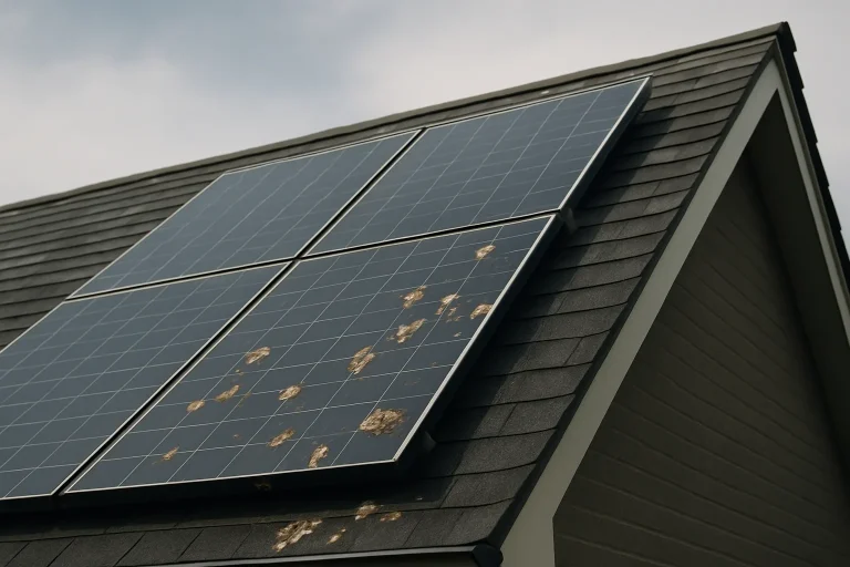 Toiture moderne avec panneaux solaires couverte de fientes de pigeons, vue en contre-plongée