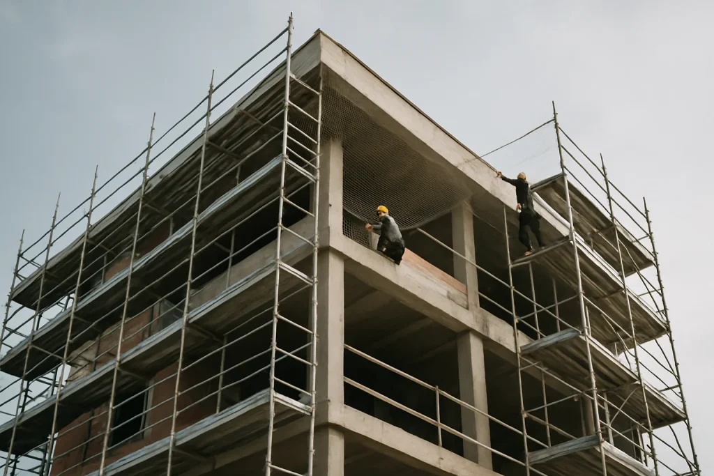 Ouvriers installant des filets anti-pigeons sur un bâtiment en construction avec échafaudages.