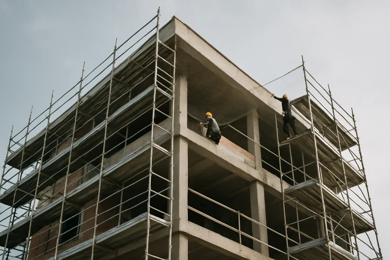 Ouvriers installant des filets anti-pigeons sur un bâtiment en construction avec échafaudages.