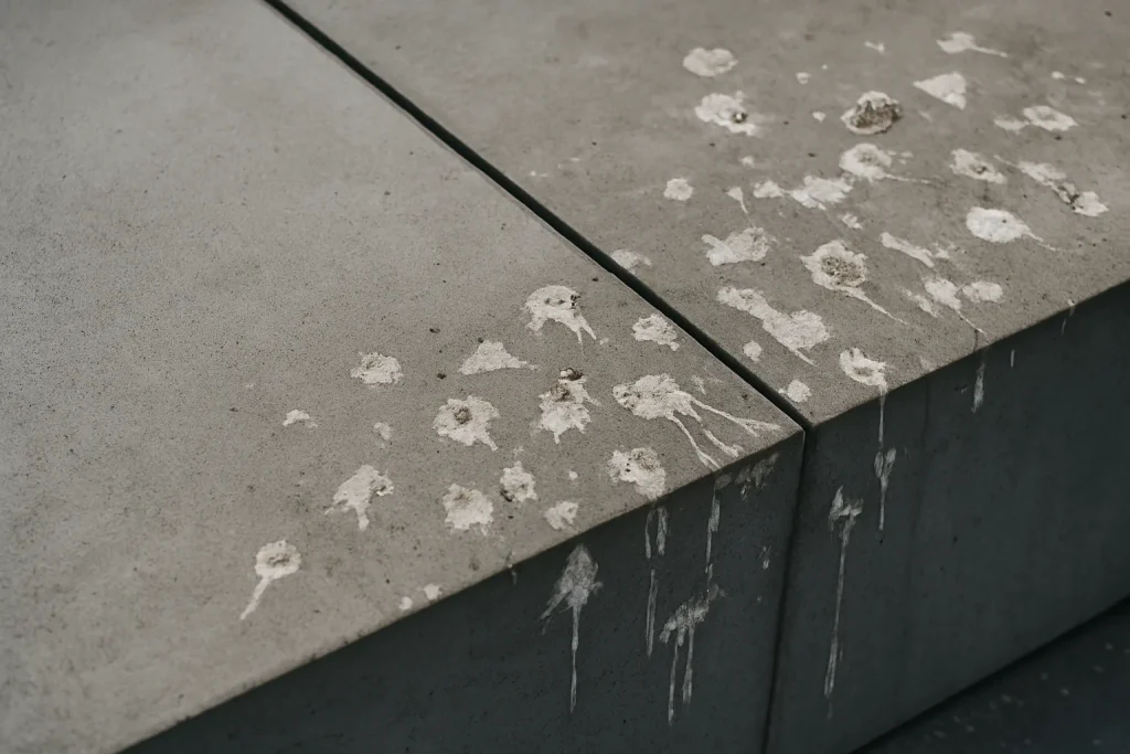Gros plan sur une surface en béton moderne avec des marques de fientes de pigeons, montrant la dégradation.