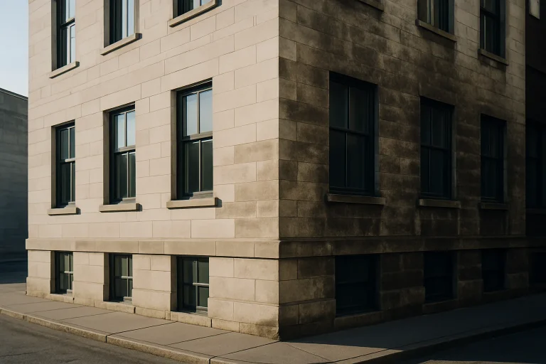 Façade de bâtiment urbain en pierre avec zones nettoyées et souillées par des fientes de pigeons.