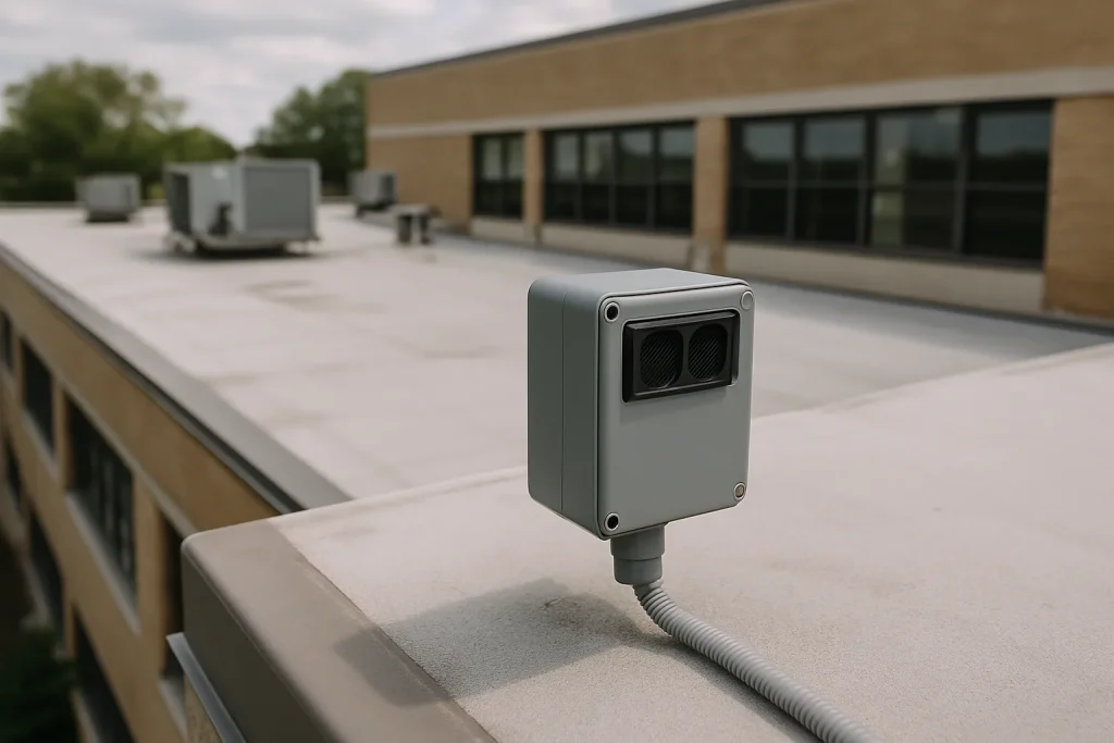 Dispositif ultrasonique sur toit d'un bâtiment public, prévenant les pigeons.