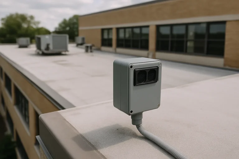 Dispositif ultrasonique sur toit d'un bâtiment public, prévenant les pigeons.