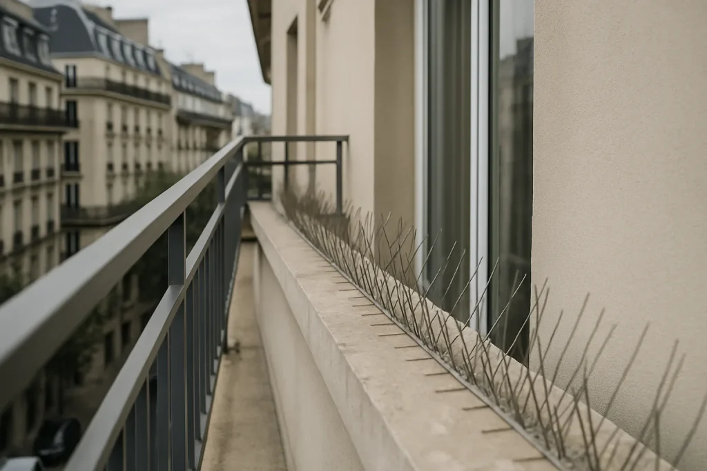 Balcon de centre-ville équipé de dispositifs pour éloigner les pigeons, en plein jour.