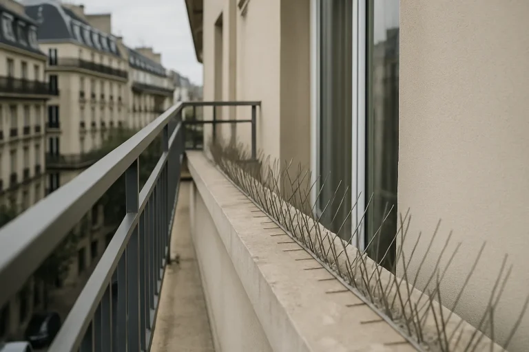 Balcon de centre-ville équipé de dispositifs pour éloigner les pigeons, en plein jour.