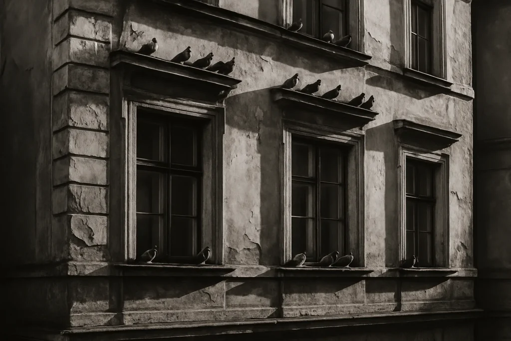 Pigeons posés sur les rebords d'une façade urbaine ancienne en noir et blanc