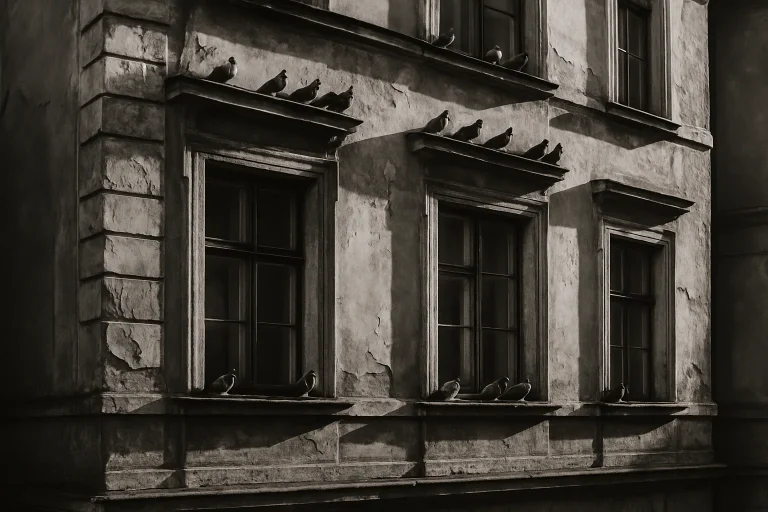 Pigeons posés sur les rebords d'une façade urbaine ancienne en noir et blanc