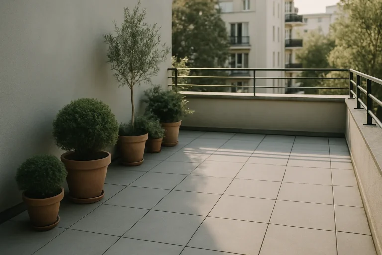 Terrasse urbaine bien entretenue avec plantes en pot et surface propre