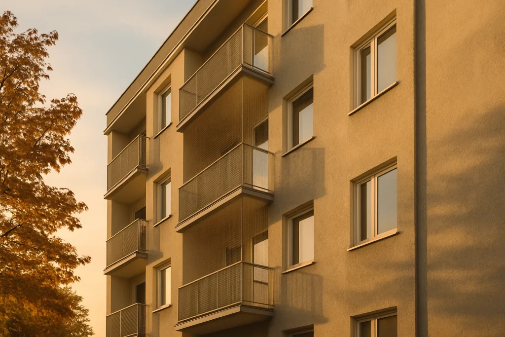 Façade d'immeuble en automne avec filets anti-pigeons installés et lumière dorée du soleil couchant