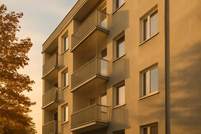 Façade d'immeuble en automne avec filets anti-pigeons installés et lumière dorée du soleil couchant