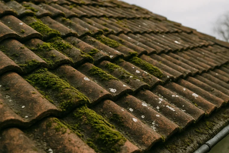 Toiture ancienne vue de dessus avec mousse et fientes de pigeons en lumière naturelle.