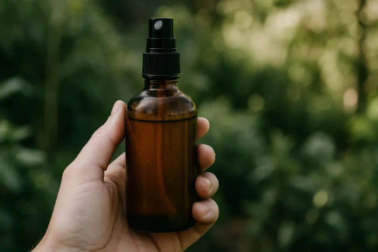 Main tenant un flacon de spray naturel pour désinfection écologique avec un arrière-plan flou de végétation