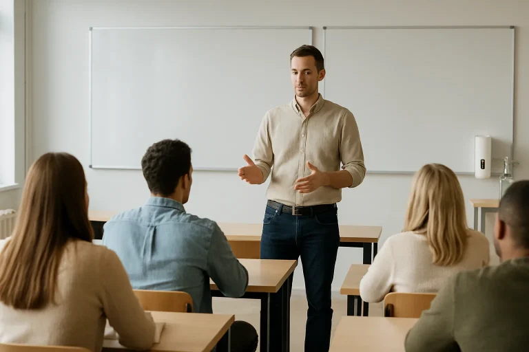 Salle de classe avec étudiants et formateur, équipements de désinfection visibles