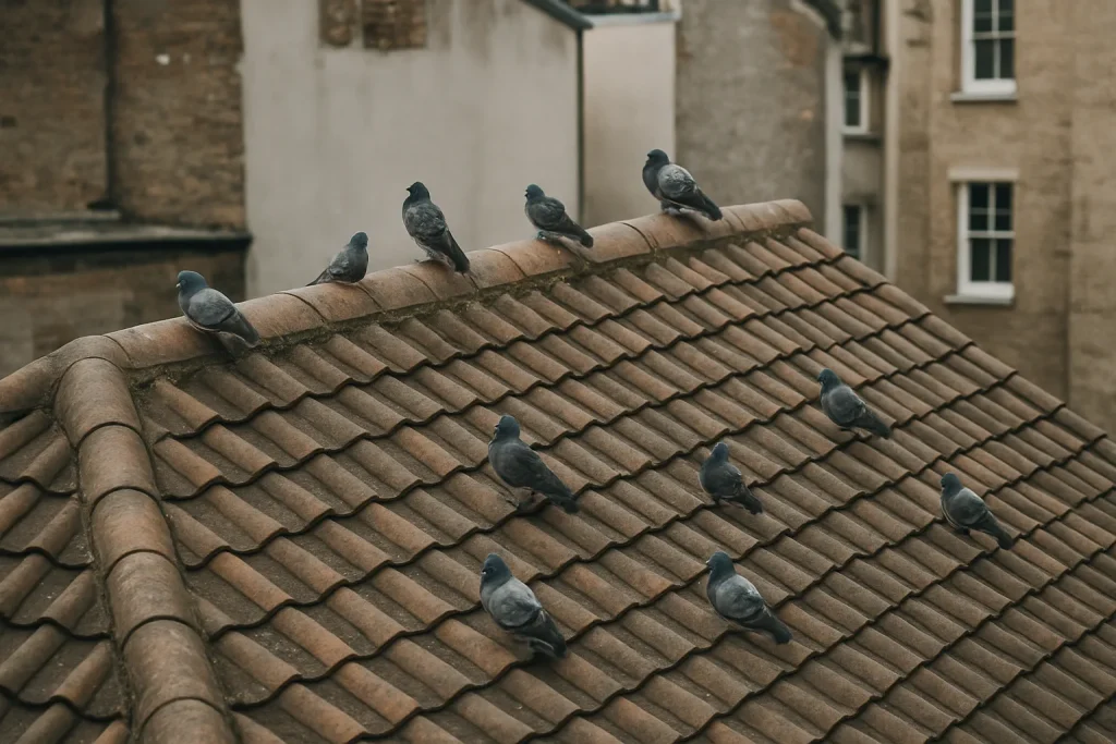 Pigeons posés sur une toiture en tuiles, vue plongeante, lumière du jour.