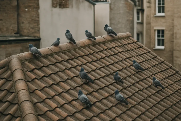 Pigeons posés sur une toiture en tuiles, vue plongeante, lumière du jour.