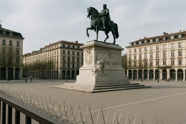 Vue d'une place publique avec un monument historique équipé de dispositifs anti-pigeons.