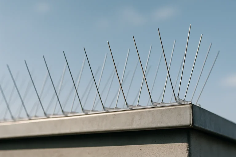 Gros plan de pics anti-pigeons sur une corniche métallique, arrière-plan ciel bleu.