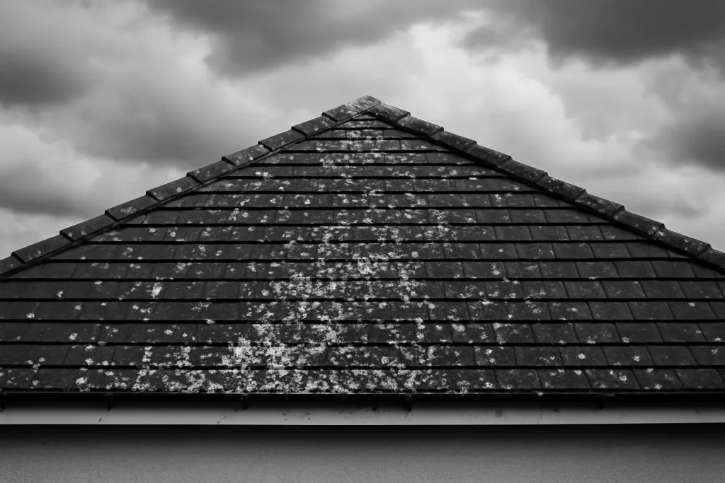 Toit d'une maison endommagé par des fientes de pigeons, vue en noir et blanc