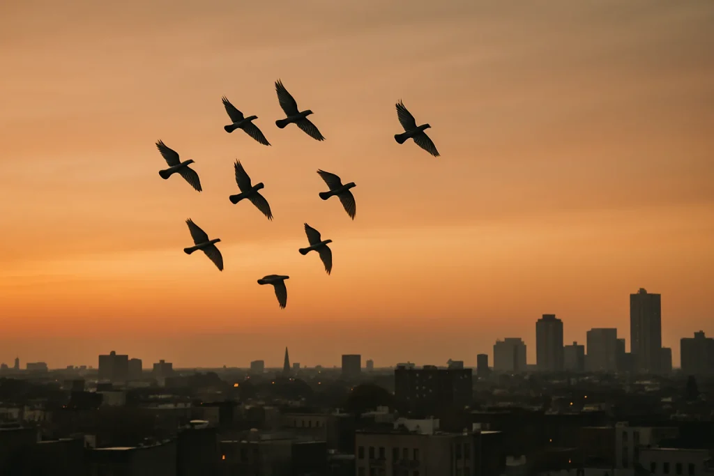 Vue de pigeons volant en formation au-dessus d'une ville au crépuscule, ciel orangé.